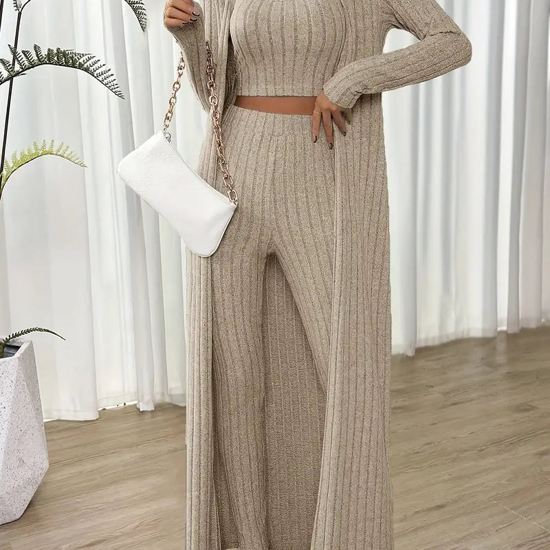 Lena - Ribbed three-piece crop tank top set & long-sleeved cardigan