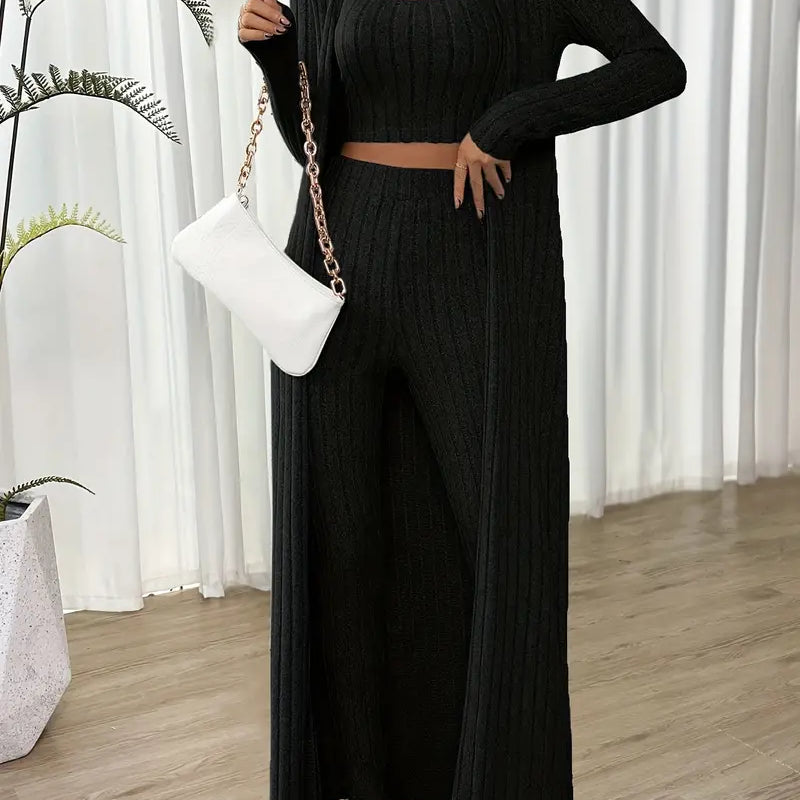 Lena - Ribbed three-piece crop tank top set & long-sleeved cardigan