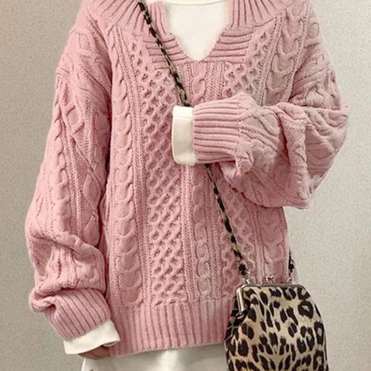 Knitted Sweater Warm Long Sleeve Half Open Collar