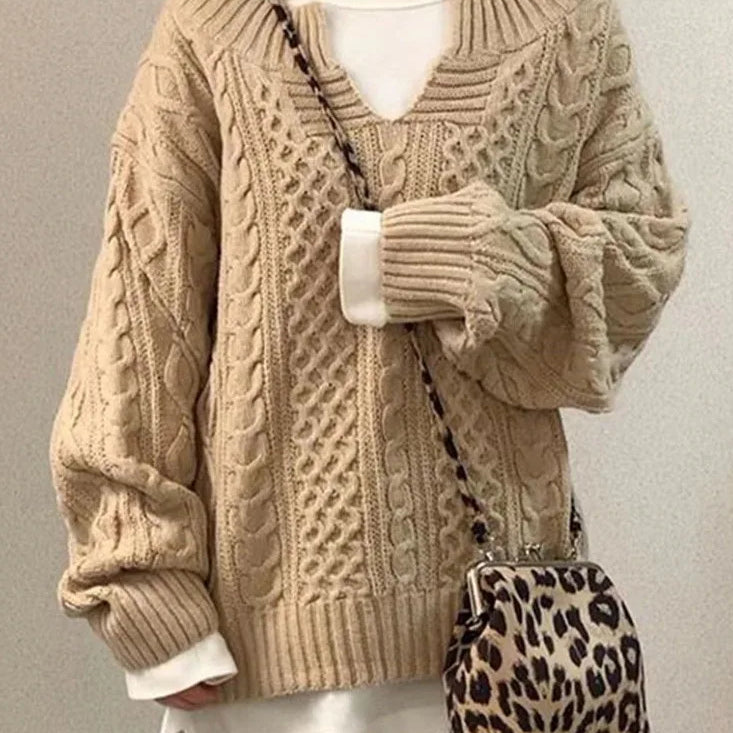 Knitted Sweater Warm Long Sleeve Half Open Collar